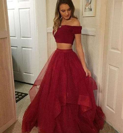 Red Two Pieces Tulle Off Shoulder Prom Dresses Cheap, Long Party Gowns Simidress Red Two Pieces Tulle Off Shoulder Prom Dresses Cheap, Long Party Gowns Simidress