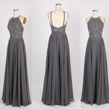 Grey Chiffon Halter Long Prom Dresses with Beading Homecoming Formal Dress for Girls from simidress.com