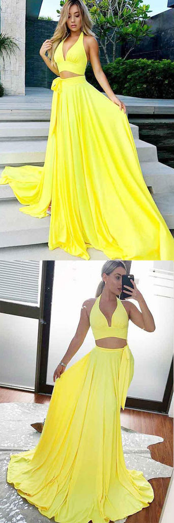 Charming Yellow Satin Two Piece V-Neck Long Prom Party Dresses with Split from simidress.com