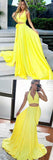 Charming Yellow Satin Two Piece V-Neck Long Prom Party Dresses with Split from simidress.com