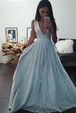 Light Blue A-line Sleeveless Deep V-neck Long Prom Dresses, Formal Dress with Lace, M290