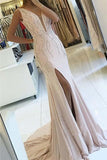 Pearl Pink Backless Sheath V-Neck Sweep Train Long Prom Dress with Beading, M292