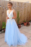 Elegant Blue Tulle A line V neck Lace Long Prom Dresses, Evening Dress, M305