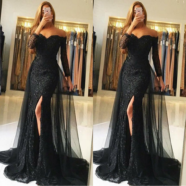 Black Lace Mermaid Sweetheart Long Sleeve Prom Dresses with Sweep Trai –  Simidress