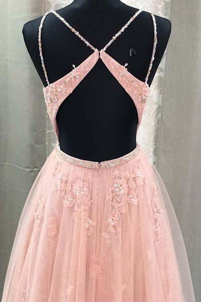 Blush Lace A-line V Neck Open Back Spaghetti Straps Long Prom Dresses, M324 sold by simidress.com