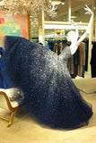 Navy Blue A-line Tulle Strapless Beading Long Prom Dresses, Evening Dress, M328