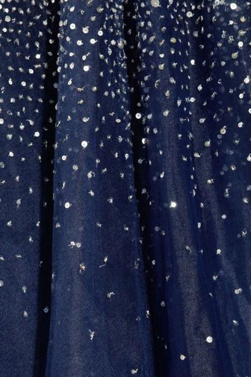 Navy Blue A-line Tulle Strapless Beading Long Prom Dresses, Evening Dress, M328