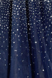 Navy Blue A-line Tulle Strapless Beading Long Prom Dresses, Evening Dress, M328