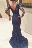 Long Sleeves Lace Navy Blue Prom Dresses,V-neck Open Back Evening Dresses,M68