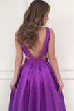 Satin A-line V-neck Long Prom Dresses, Purple Bridesmaid Dress, M89