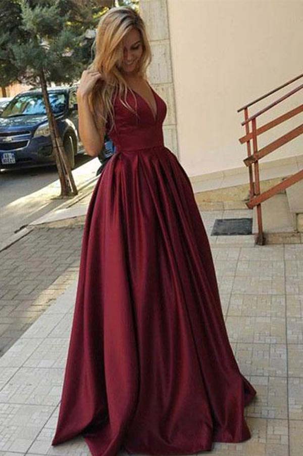 Burgundy Simple V Neck Long Prom Dress, Floor Length Evening Dress, M94