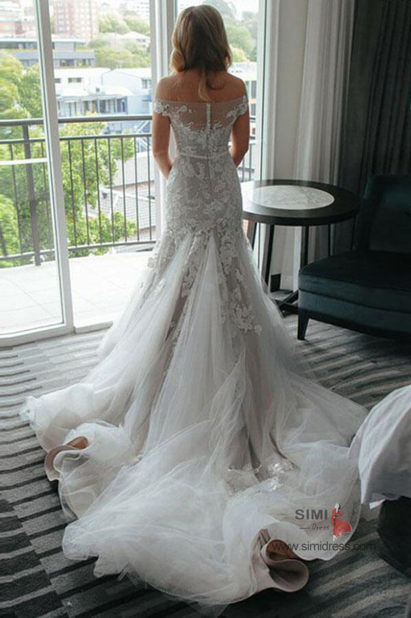 Mermaid Off Shoulder Lace Illusion Neck Wedding Dresses With Train, SW412 | white wedding dresses | lace wedding dresses | bridal gowns | cheap wedding dresses | www.simidress.com