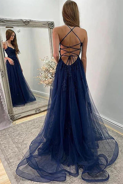 Navy Blue Lace A-line Backless Prom Dress With Slit SP853 | Simidress Navy Blue Lace A-line Backless Prom Dress With Slit SP853 | Simidress