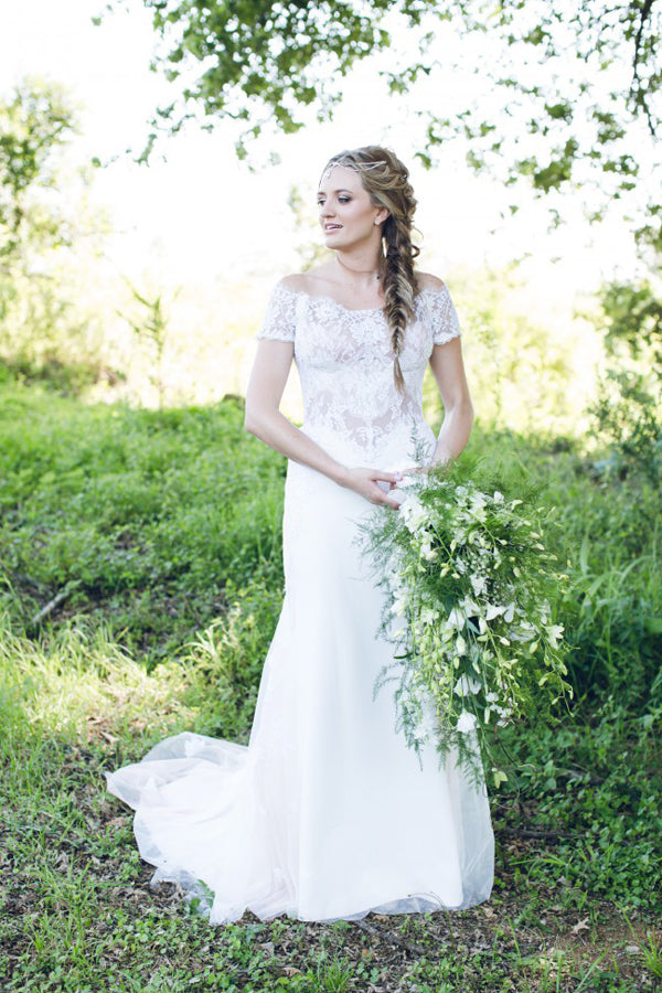 Off Shoulder Open Back Wedding Dresses,Trumpet Lace Up Appliques Wedding Gown