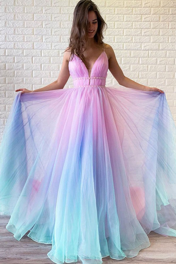 Ombre Beaded Spaghetti Straps V Neck Prom Dresses, Graduation Dress, SP684 | cheap prom dresses | ombre prom dresses | long prom dresses | simple prom dresses | www.simidress.com