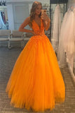 Orange Tulle A-line V-neck Lace Appliques Prom Dresses, Evening Gown, SP869