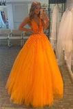 Orange Tulle A-line V-neck Lace Appliques Prom Dresses, Evening Gown, SP869 | cheap long prom dresses | lace prom dresses | evening dress | simidress.com