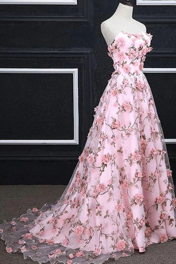 Pink Flower Appliques Strapless A-line Long Prom Dresses, Evening Gowns, SP824 | floral prom dresses | pink long prom dresses | long formal dresses | simidress.com