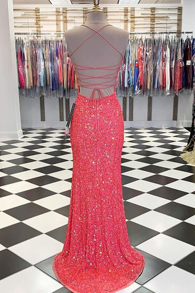 Hot Pink Satin Trumpet Mermaid Spaghetti Straps Prom Dress With Slit