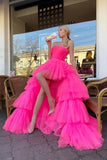 Pink Tulle A-line High Low Strapless Long Prom Dresses, Evening Gowns, SP867