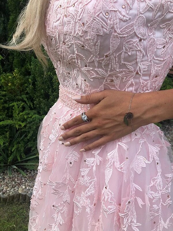 Pink Tulle A-line Strapless Prom Dress With Lace Appliques, Evening Dress, SP811 | cheap long prom dress | long formal dresses | party dresses | www.simidress.com