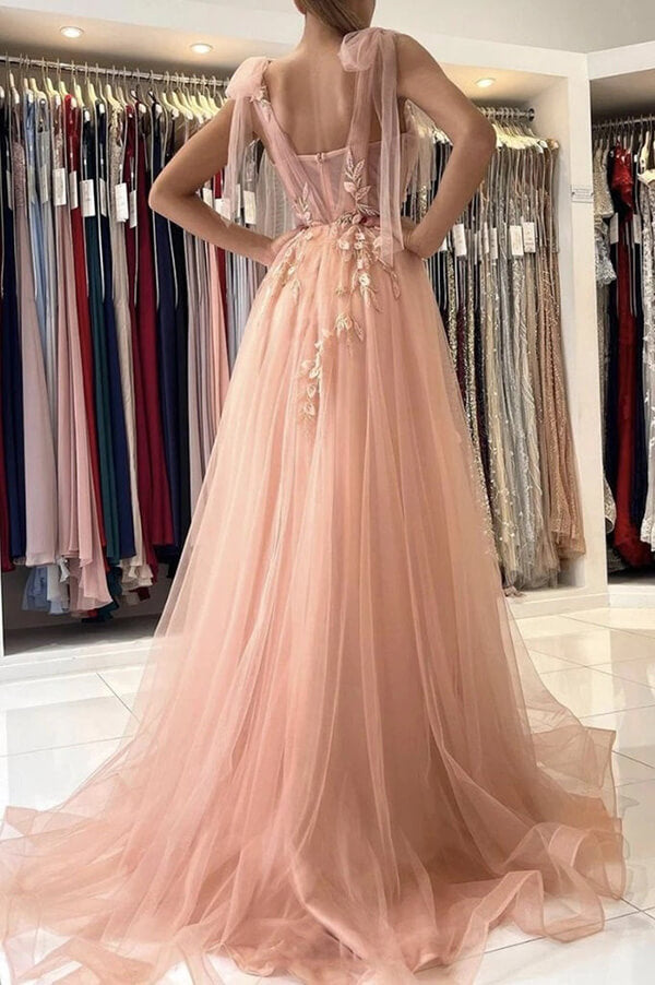Pink Tulle Floral Lace A-line Sweetheart Long Prom Dresses With Side Split, SP750 | cheap long prom dresses | tulle prom dress | party dresses | www.simidress.com