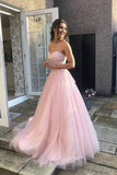 Pink Tulle Lace A-line Strapless Long Formal Dresses, Lace Prom Dresses, SP787