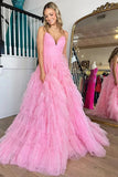 Pink Tulle Tiered A-line V-neck Spaghetti Straps Prom Dresses, Party Dress, SP922 | pink prom dresses | a line prom dress | evening dress | simidress.com