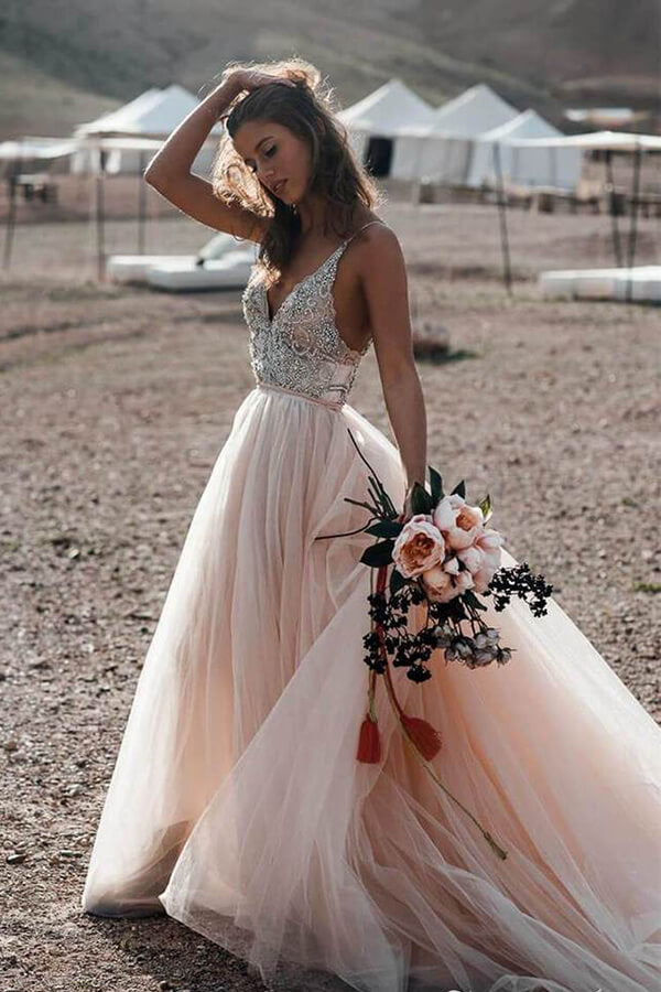 V- Neck Beaded A Line Beach Wedding Dress, Tulle Long Prom Dress, SW177 | lace wedding dresses | tulle wedding dresses | a line wedding dresses | www.simidress.com