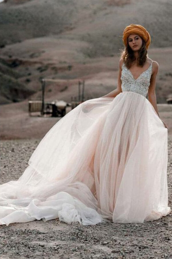 V- Neck Beaded A Line Beach Wedding Dress, Tulle Long Prom Dress, SW177 | a line wedding dresses | beach wedding dresses | v neck wedding dresses | beaded wedding dress | www.simidress.com