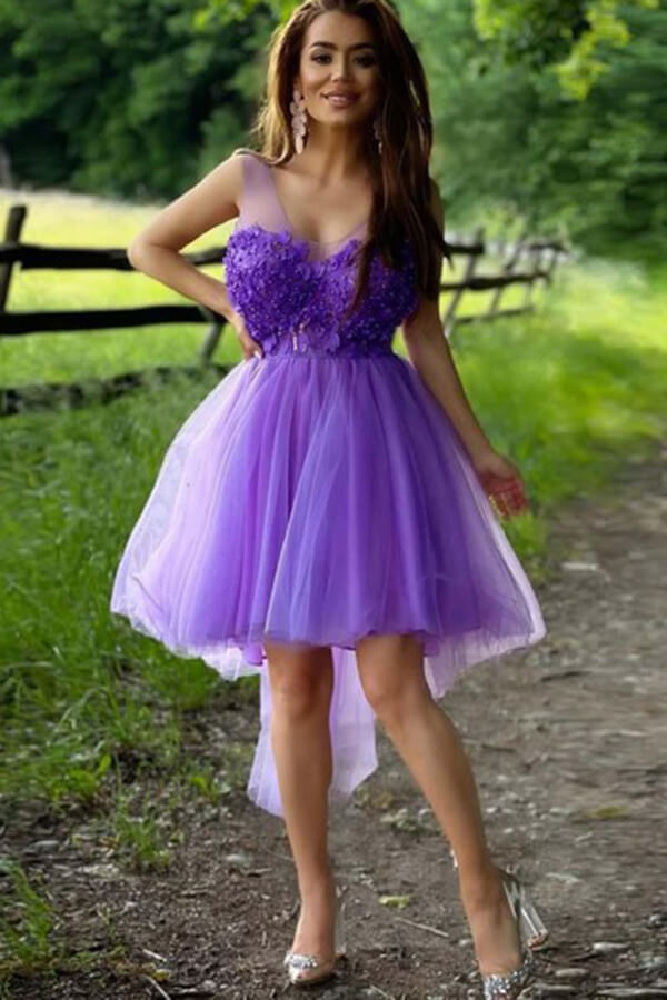 Purple Tulle A-line High Low Hand Made Flowers Short Homecoming Dresses, SH575 | cheap homecoming dress | a line homecoming dresses | short party dresses | www.simidress.com