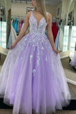 Purple Tulle A-line V-neck Open Back Prom Dresses with Lace Appliques, SP923