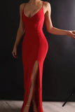 Red Satin Mermaid Spaghetti Straps V-neck Long Prom Dresses With Slit, SP908