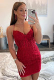Red Sheath Lace Spaghetti Straps Mini Homecoming Dress, Short Party Dress, SH627 | cute homecoming dresses | cheap lace homecoming dresses | school event dresses | simidress.com