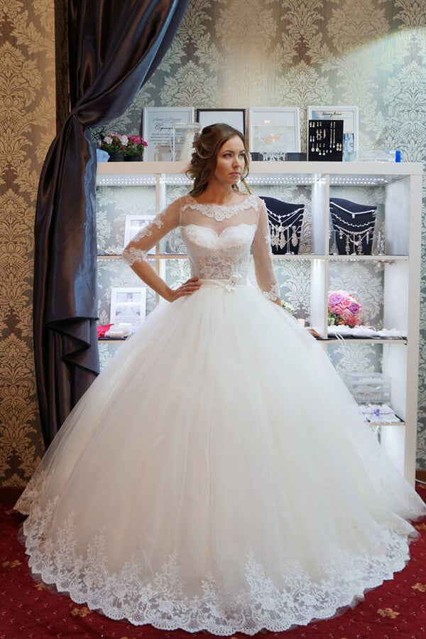 Romantic White Lace Half Sleeves Ball Gown Wedding Dresses, Bridal Gowns, SW463 | ball gown wedding dresses | cheap lace wedding dresses | bridal outfit | www.simidress.com