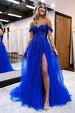 Royal Blue Tulle A-line Off Shoulder Long Prom Dresses With Appliques, SP916