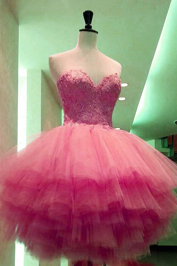 Sweetheart Strapless Short Prom Dress,Layers Lace Appliques Homecoming Dress Party Dress