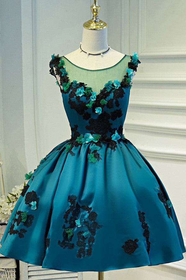 Vintage Sheer Short Prom Dress,Appliques Homecoming Dress Party Dress