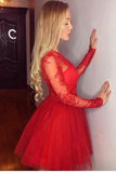 Long Sleeves Sheer Short Prom Dress,Appliques Floral Tulle Homecoming Dress Party Dress,SH118