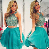 Two Piece Beading Short Prom Dress,Layers Chiffon Halter Homecoming Dress Party Dress,SH119