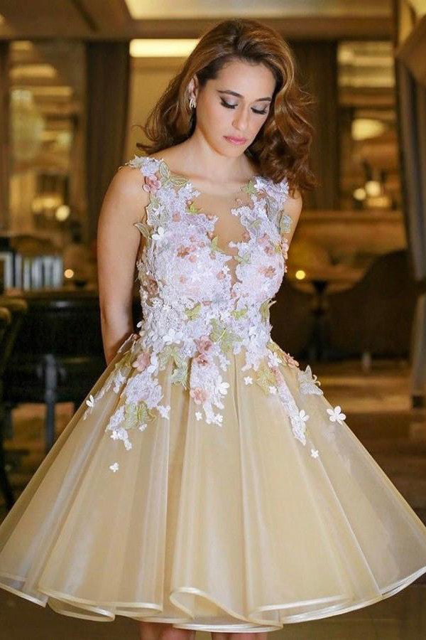 Elegant Pleats Short Prom Dress,Appliques Open Back Homecoming Dress