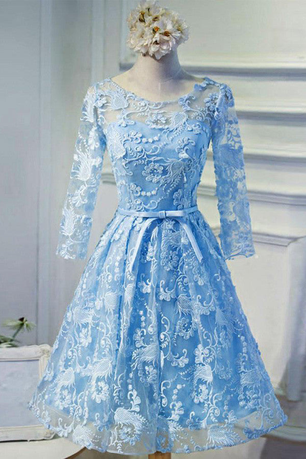 Charming Sheer Half Sleeves Short Prom Dress,Appliques Floral Keyhole Back Homecoming Dress