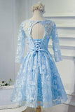 Charming Sheer Half Sleeves Short Prom Dress,Appliques Floral Keyhole Back Homecoming Dress SH125