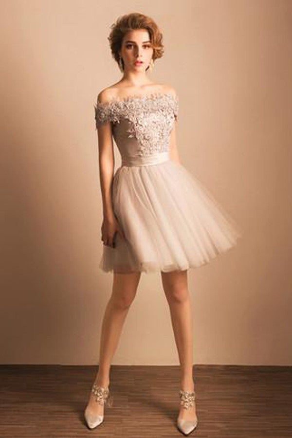 Champagne Off The Shoulder Short Prom Dress,Layers Tulle Appliques Scoop Homecoming Dress