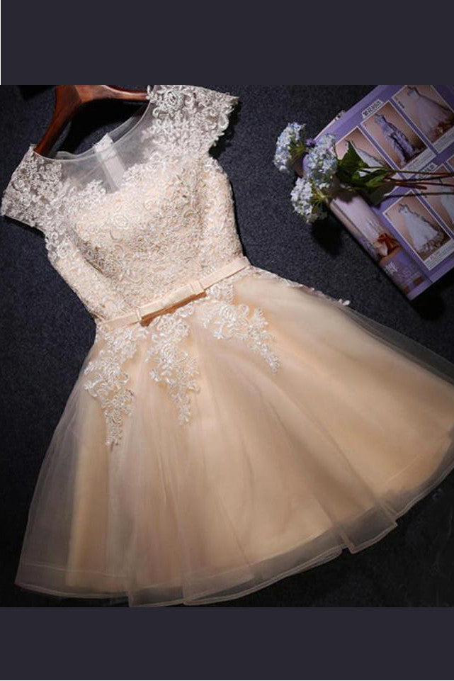 Capped Sleeve Sheer Short Prom Dress,Lace Up Appliques Homecoming Dress