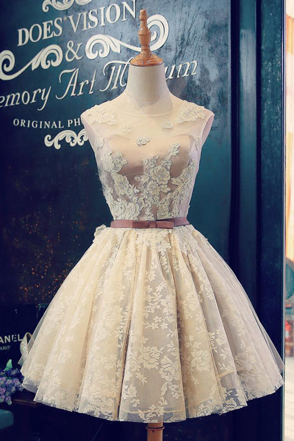 Boat Sleeveless Short Prom Dress,Lace Up Appliques Sheer Back Homecoming Dress