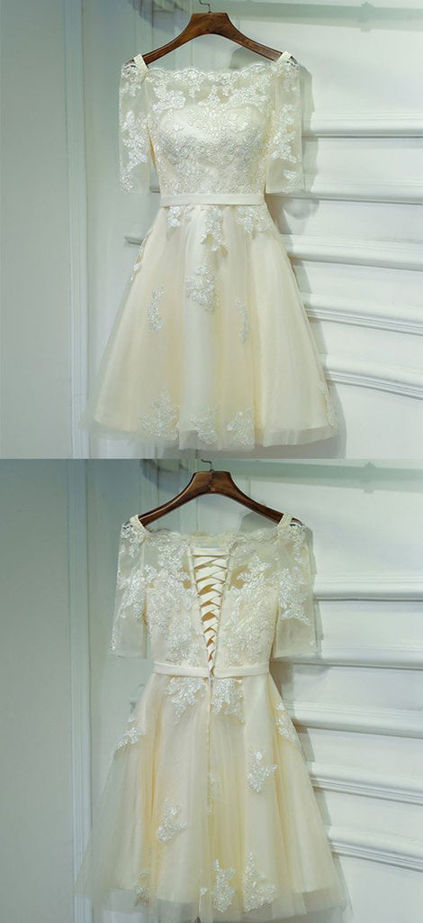 Ivory Off Shoulder Half Sleeve Short Prom Dress,Lace Up Appliques Homecoming Dress SH136