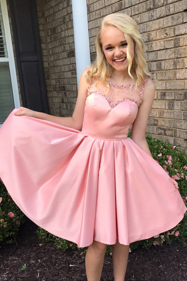 Pink Sheer Beading Short Prom Dress,Open Back Stain Cheap Homecoming Dress,Party Dress