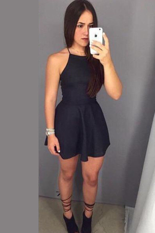 Black Halter Strapless Short Prom Dress,Sleeveless Tie Back Cheap Homecoming Dress,Party Dress