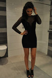 Black Round Neck Short Prom Dress,Long Sleeve Sheer Back Cheap Homecoming Dress,Party Dress